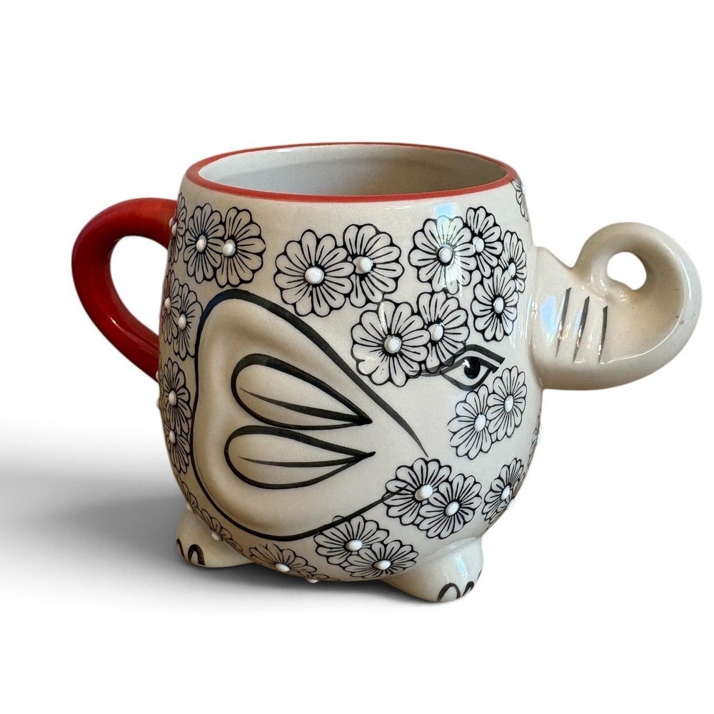 Yokohama Studio Hand Painted Elephant Mug Floral Black White Red Ceramic Mug